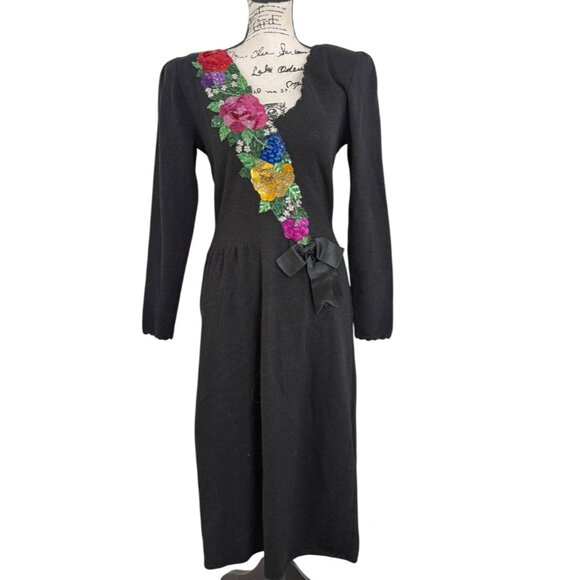 Don Sayres Dresses & Skirts - Don Sayres Wellmore Black Santana Knit Dress Floral Applique USA 80s Vtg Size 10